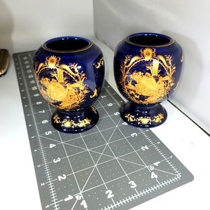 Limoges Handpainted blue and Gold In good condition selling as a set vases